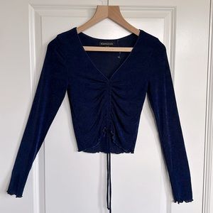 Electrica Cinch Front Tie Crop Top sz Small Women's Long Sleeve Lettuce Hem Blue
